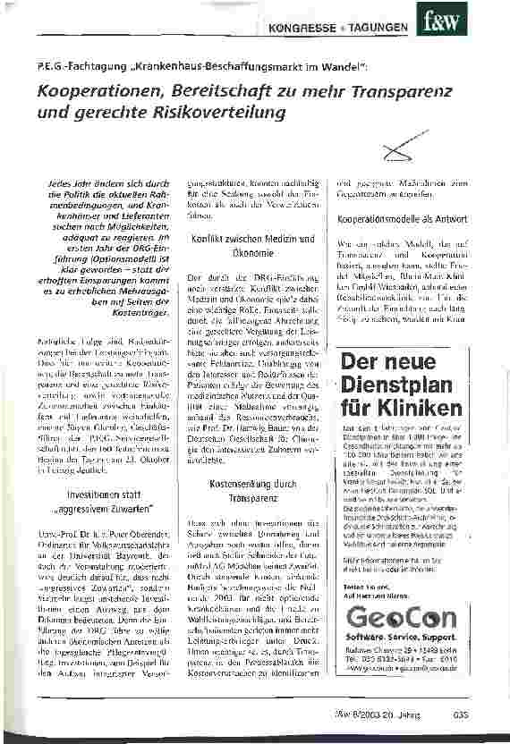 Vorschauseite 1: Kooperationen, Bereitschaft zu mehr Transparenz und gerechte Risikoverteilung P.E.G.-Fachtagung Krankenhaus-Beschaffungsmarkt im Wandel