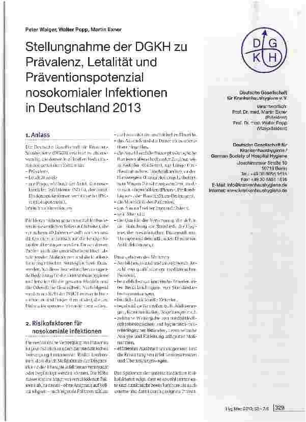 Vorschauseite 1: Stellungnahme der DGKH zu Prävalenz, Letalität und Präventionspotenzial nosokomialer Infektionen in Deutschland 2013