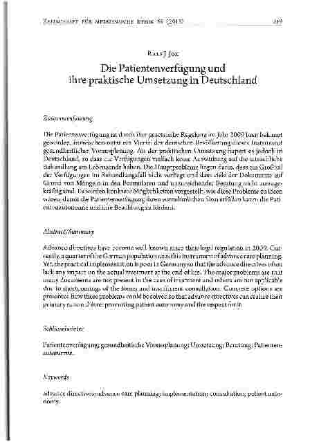 Vorschauseite 1: Die Patientenverfügung und ihre praktische Umsetzung in Deutschland