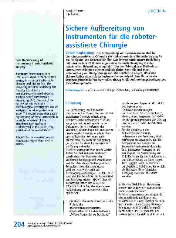 Vorschauseite 1: Sichere Aufbereitung von Instrumenten für die roboterassistierte Chirurgie