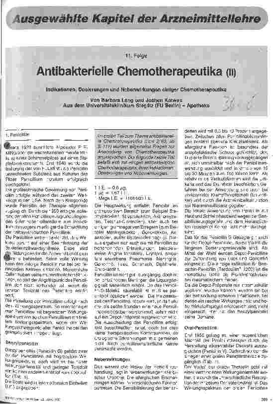 Vorschauseite 1: Antibakterielle Chemotherapeutika (II) 11. Folge Indikationen, Dosierungen und Nebenwirkungen einiger Chemotherapeutika