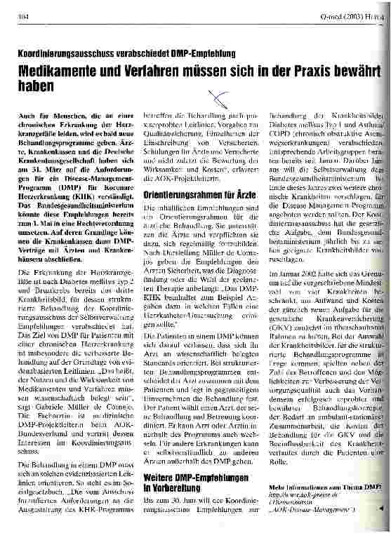 Vorschauseite 1: Medikamente und Verfahren müssen sich in der Praxis bewährt haben Koordinierungsausschuss verabschiedet DMP-Empfehlung
