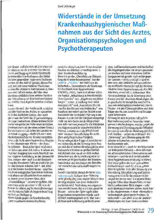 Vorschauseite 1: Widerstände in der Umsetzung Krankenhaushygienischer Maßnahmen aus der Sicht des Arztes, Organisationspsychologen und Psychotherapeuten