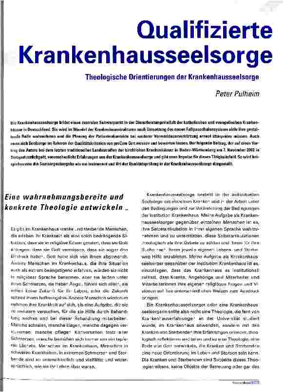 Vorschauseite 1: Qualifizierte Krankenhausseelsorge Theologische Orientierungen der Krankenhausseelsorge