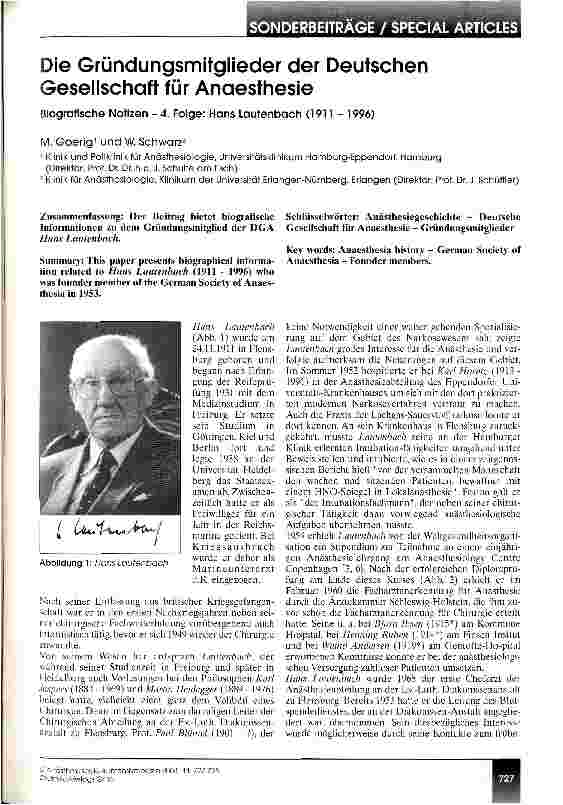 Vorschauseite 1: Die Gründungsmitglieder der Deutschen Gesellschaft für Anaesthesie Biografische Notizen - 4. Folge: Hans Lautenbach (1911 - 1996)