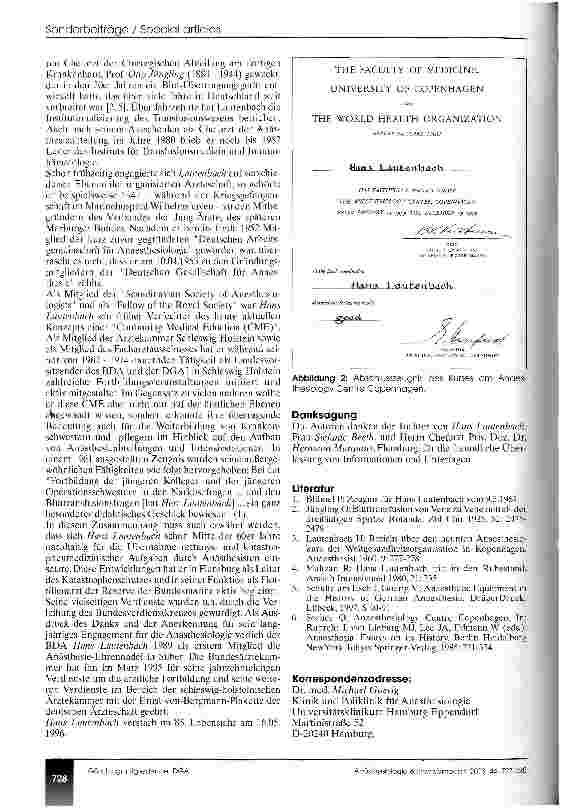 Vorschauseite 2: Die Gründungsmitglieder der Deutschen Gesellschaft für Anaesthesie Biografische Notizen - 4. Folge: Hans Lautenbach (1911 - 1996)