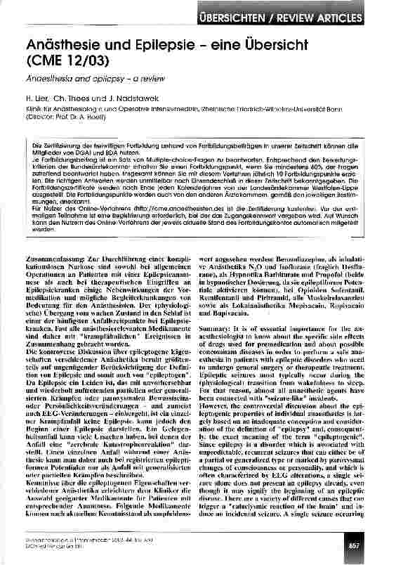 Vorschauseite 1: Anästhesie und Epilepsie - eine Übersicht (CME 12/03)