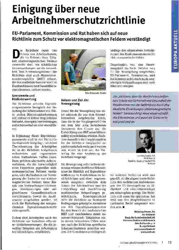 Vorschauseite 1: Einigung über neue Arbeitnehmerschutzrichtlinie