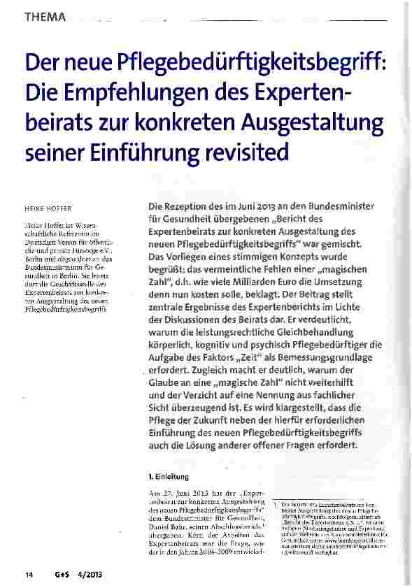 Vorschauseite 1: Der neue Pflegebedürftigkeitsbegriff: Die Empfehlungen des Expertenbeirats zur konkreten Ausgestaltung seiner Einführung revisited