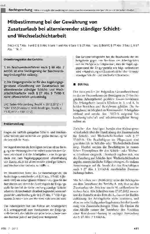 Vorschauseite 1: Mitbestimmung bei der Gewährung von Zusatzurlaub bei alternierender ständiger Schicht-und Wechselschichtarbeit