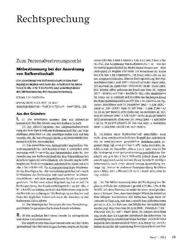 Vorschauseite 1: Mitbestimmung bei der Anordnung von Rufbereitschaft
