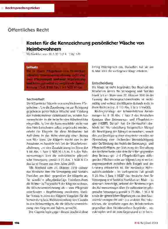 Vorschauseite 1: Kosten für die Kennzeichnung persönlicher Wäsche von Heimbewohnern VG Frankfurt vom 12.2.2013 (2 K 1336/ll.F)