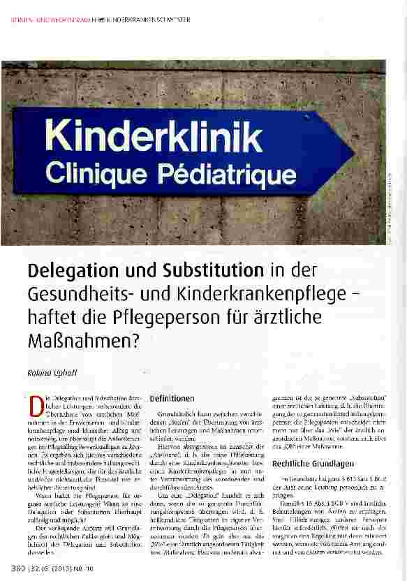 Vorschauseite 1: Delegation und Substitution in der Gesundheitsund Kinderkrankenpflege -haftet die Pflegeperson für ärztliche Maßnahmen?