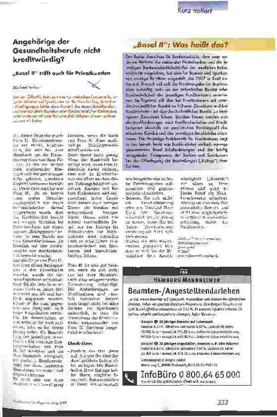 Vorschauseite 1: Angehörige der Gesundheitsberufe nicht kreditwürdig? Basel II trifft auch für Privatkunden
