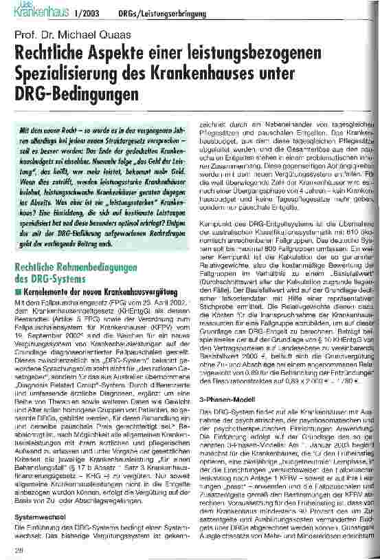 Vorschauseite 1: Rechtliche Aspekte einer leistungsbezogenen Spezialisierung des Krankenhauses unter DRG-Bedingungen