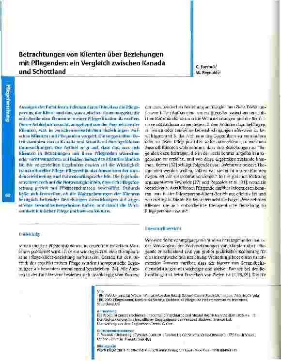 Vorschauseite 1: Betrachtungen von Klienten über Beziehungen mit Pflegenden: ein Vergleich zwischen Kanada und Schottland