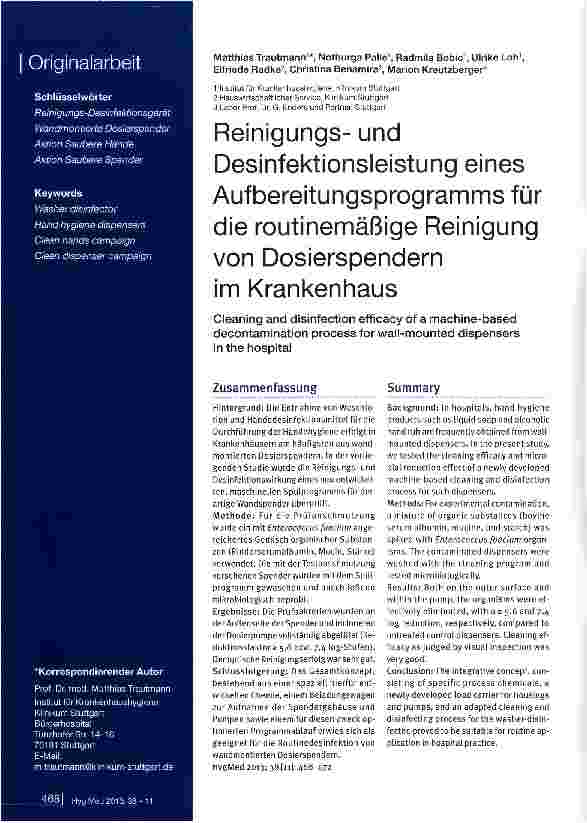 Vorschauseite 1: Reinigungsund Desinfektionsleistung eines Aufbereitungsprogramms für die routinemäßige Reinigung von Dosierspendern im Krankenhaus