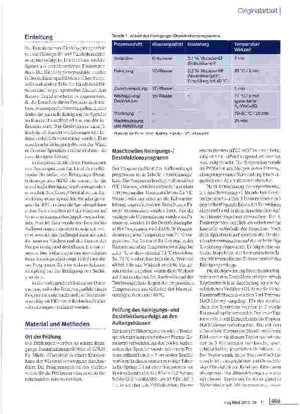 Vorschauseite 2: Reinigungsund Desinfektionsleistung eines Aufbereitungsprogramms für die routinemäßige Reinigung von Dosierspendern im Krankenhaus