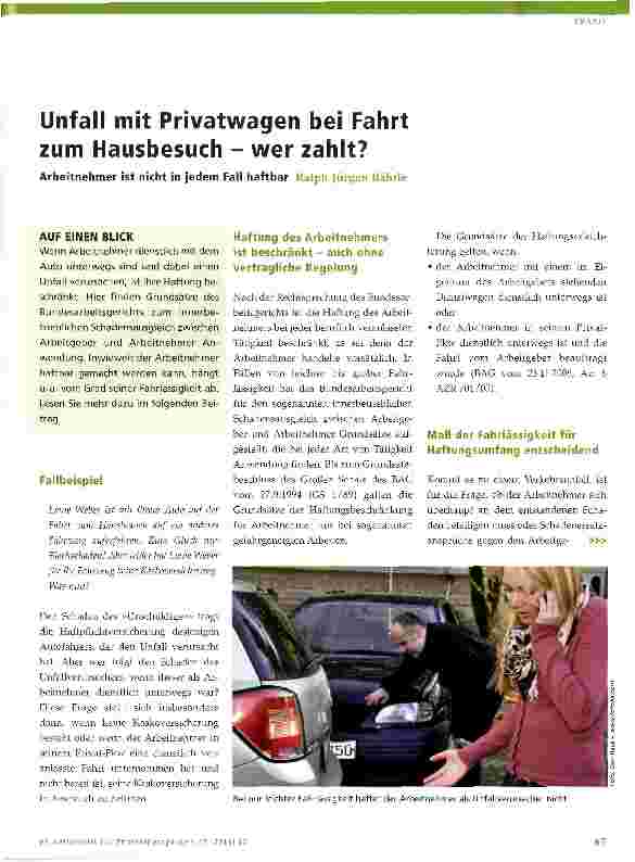Vorschauseite 1: Unfall mit Privatwagen bei Fahrt zum Hausbesuch - wer zahlt?