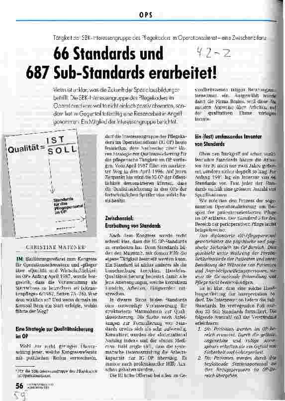 Vorschauseite 1: 66 Standards und 687 Sub-Standards erarbeitet! Tätigkeit d. SBK-Inter essengruppe d. Pflegekaders i. OPDienst - eine Zwischenbilanz