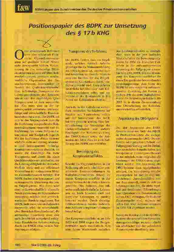 Vorschauseite 1: Positionspapier des BDPK zur Umsetzung des § 17 b KHG