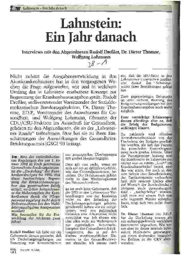 Vorschauseite 1: Lahnstein: ein Jahr danach Interviews mit den Abgeordneten R. Dreßler, Dr. D.Thomae, W. Lohmann