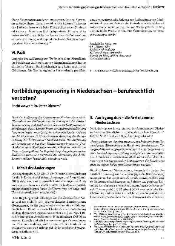 Vorschauseite 1: Fortbildungssponsoring in Niedersachsen - berufsrechtlich verboten?