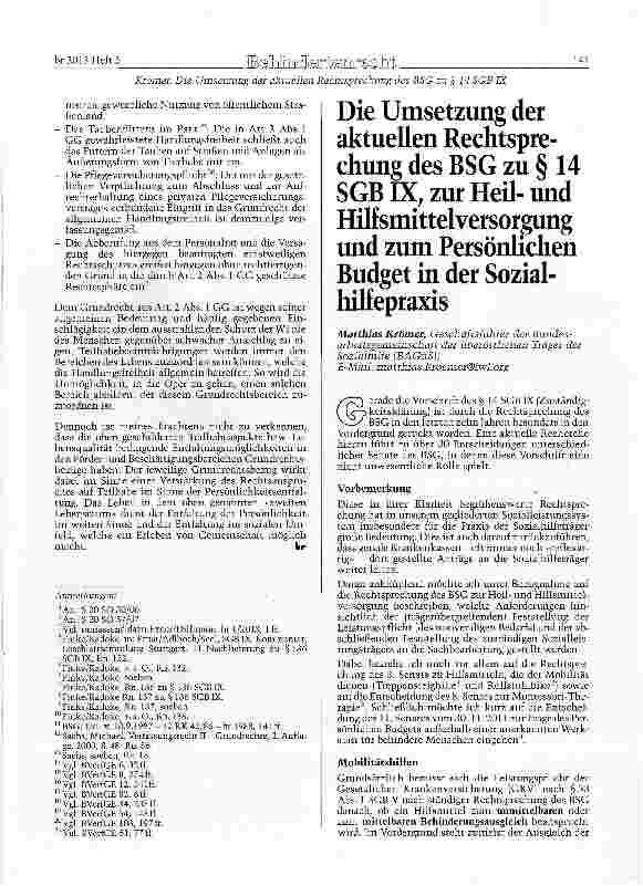 Vorschauseite 1: Die Umsetzung der aktuellen Rechtsprechung des BSG zu § 14 SGB IX, zur Heilund Hilfsmittelversorgung und zum Persönlichen Budget in der Sozialhilfepraxis