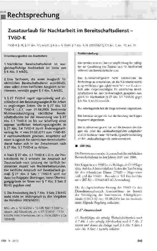 Vorschauseite 1: Zusatzurlaub für Nachtarbeit im Bereitschaftsdienst -TVöD-K