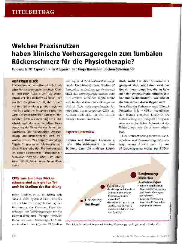Vorschauseite 1: Welchen Praxisnutzen haben klinische Vorhersageregeln zum lumbalen Rückenschmerz für die Physiotherapie?
