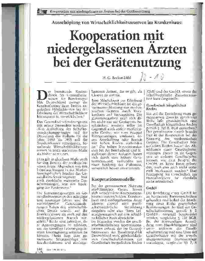 Vorschauseite 1: Kooperation mit niedergelassenen Ärzten bei der Gerätenutzung Ausschöfpung von Wirtschaftlichkeitsreserven im Krankenhaus