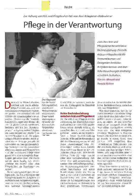 Vorschauseite 1: Pflege in der VerantwortungZur Haftung von PDL und Pflegekräften bei vom Arzt delegierten Maßnahmen
