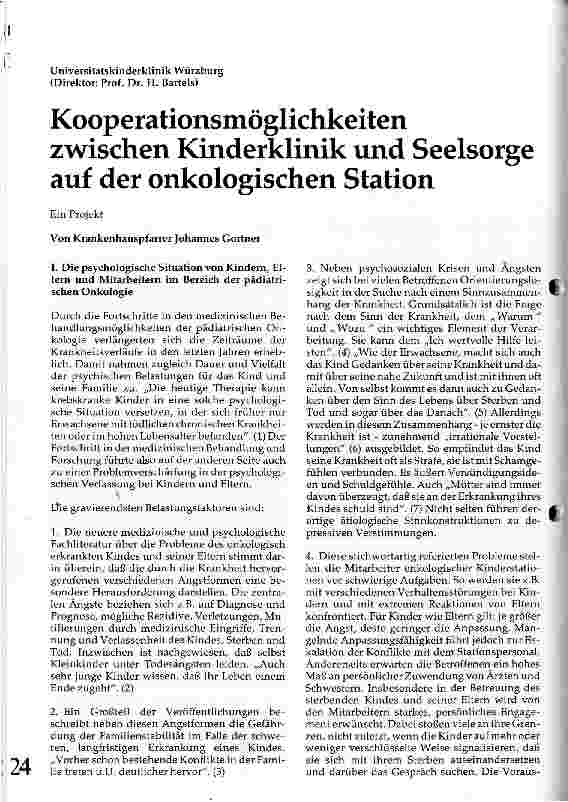 Vorschauseite 1: Kooperationsmöglichkeiten zwischen Kinderklinik und Seelsorge auf der onkologischen Station