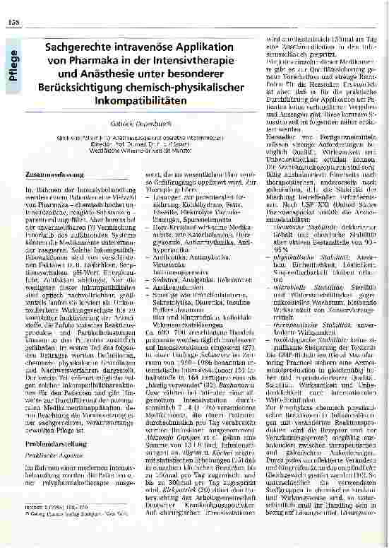 Vorschauseite 1: Sachgerechte intravenöse Applikation von Pharmaka in der Intensivtherapie und Anästhesie unter besonderer Berücksichtigung chemisch-phy-