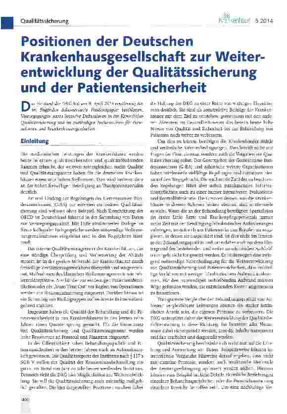 Vorschauseite 1: Positionen der Deutschen Krankenhausgesellschaft zur Weiter-entwicklung der Qualitätssicherung und der Patientensicherheit
