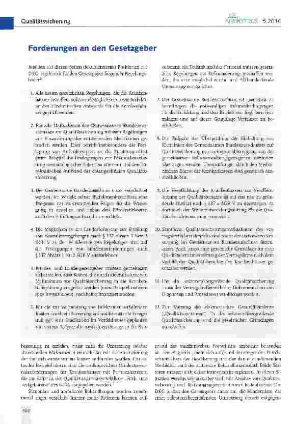 Vorschauseite 2: Positionen der Deutschen Krankenhausgesellschaft zur Weiter-entwicklung der Qualitätssicherung und der Patientensicherheit