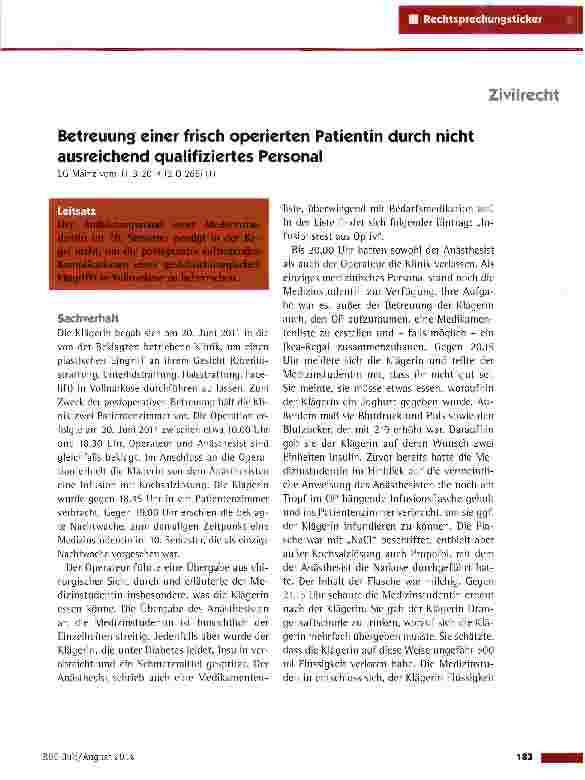 Vorschauseite 1: Betreuung einer frisch operierten Patientin durch nicht ausreichend qualifiziertes Personal LG Mainz vom 11.3.2014(2 0 266/11)