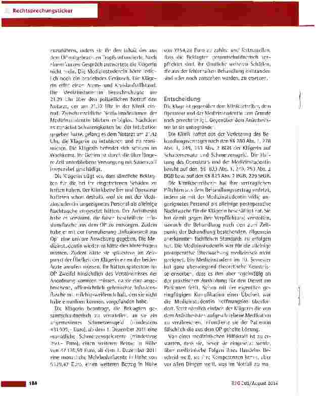 Vorschauseite 2: Betreuung einer frisch operierten Patientin durch nicht ausreichend qualifiziertes Personal LG Mainz vom 11.3.2014(2 0 266/11)