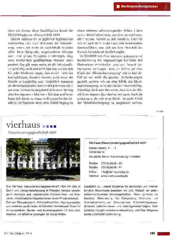 Vorschauseite 3: Betreuung einer frisch operierten Patientin durch nicht ausreichend qualifiziertes Personal LG Mainz vom 11.3.2014(2 0 266/11)