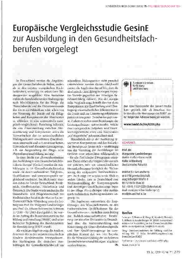 Vorschauseite 1: Europäische Vergleichsstudie GesinE zur Ausbildung in den Gesundheitsfach berufen vorgelegt