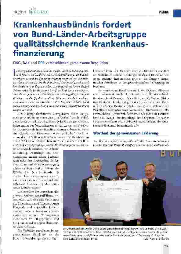Vorschauseite 1: Krankenhausbündnis fordert von Bund-Länder-Arbeitsgruppe qualitätssichernde Krankenhausfinanzierung