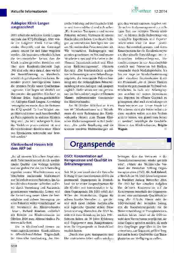Vorschauseite 1: DSO: Konzentration auf Kernprozesse und Qualität im Entnahmeprozess