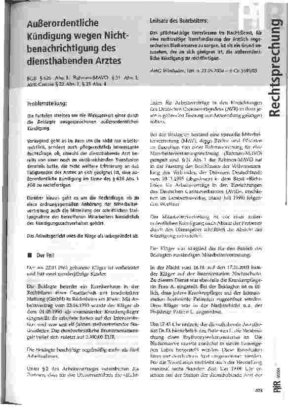Vorschauseite 1: Außerordentliche Kündigung wegen Nicht-benachrichtigung des diensthabenden Arztes