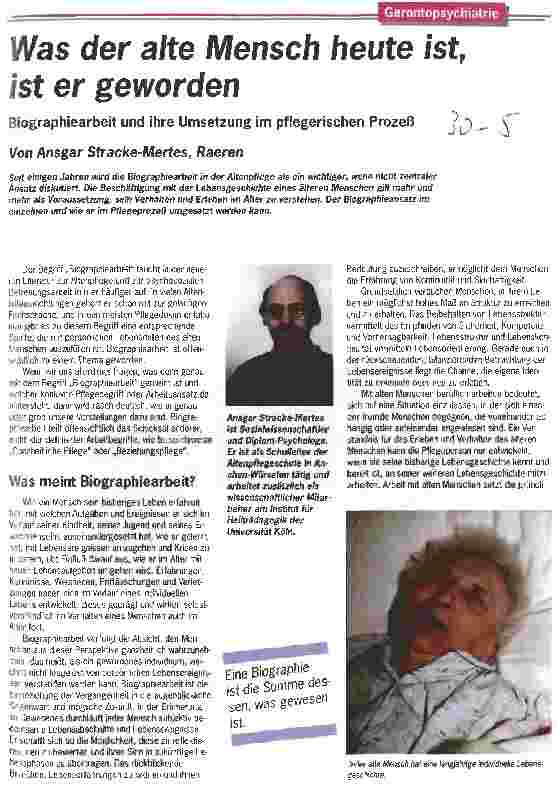 Vorschauseite 1: Was der alte Mensch heute ist, ist er geworden Biographiearbeit und ihre Umsetzung im pflegerischen Prozeß