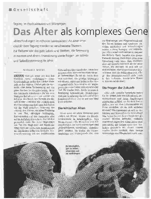 Vorschauseite 1: Das Alter als komplexes Generationen-ThemaTagung im Psychiatriezentrum Münsingen