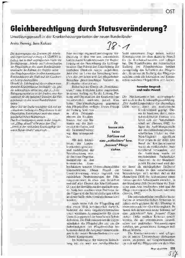 Vorschauseite 1: Gleichberechtigung durch Statusveränderung? Umwälzungsprozeß in der Krankenhausorganisation der neuen Bundesländer