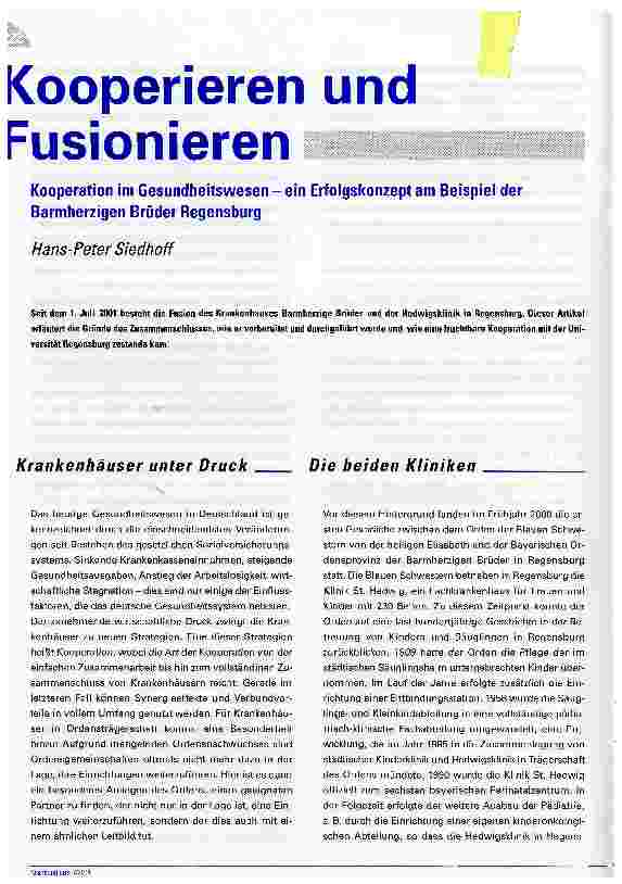 Vorschauseite 1: Kooperieren und FusionierenKooperation im Gesundheitswesen - ein Erfolgskonzept am Beispiel der Barmherzigen Brüder Regensburg