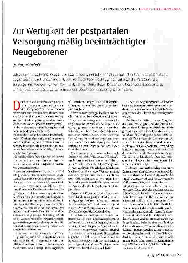 Vorschauseite 1: Zur Wertigkeit der postpartalen Versorgung mäßig beeinträchtigter Neugeborener