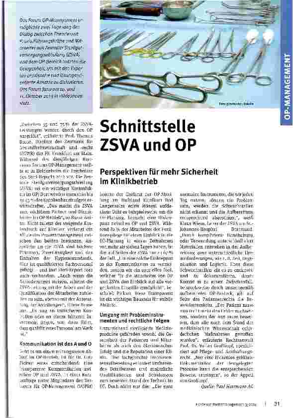 Vorschauseite 1: Schnittstelle ZSVA und OP Perspektiven für mehr Sicherheit im Klinikbetrieb