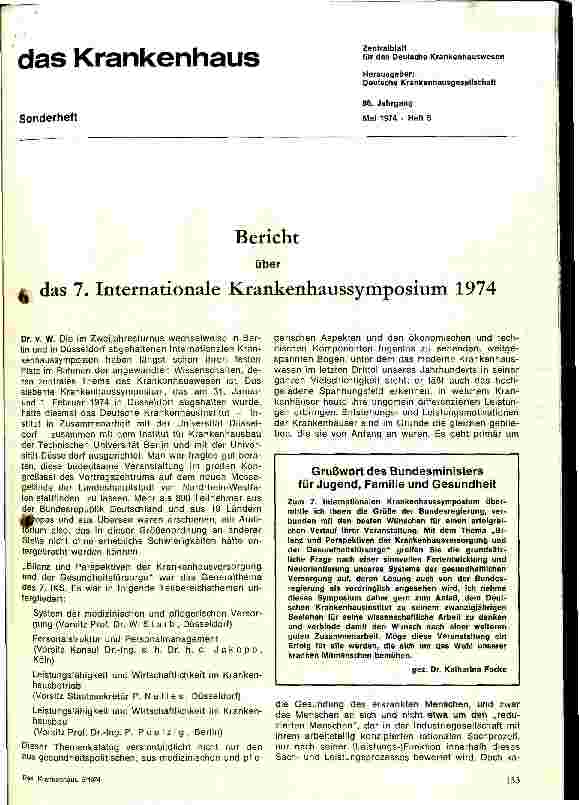 Vorschauseite 1: Bericht über das 7. Internationale Krankenhaussymposium 1974